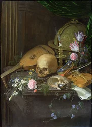 Vanitas-Stillleben mit einem Nautilus und einer Laute